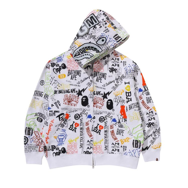 Bape Hand Draw Pattern Shark Zip Hoodie White