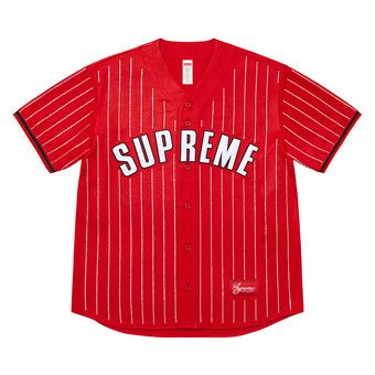 Buy Supreme Rhinestone Stripe Baseball Jersey 'Red