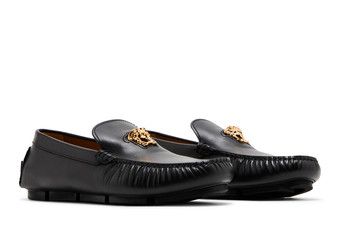 slim fit dress slacks Versace Brown Leather Gold Greek Driver Loafer Shoes main image 0