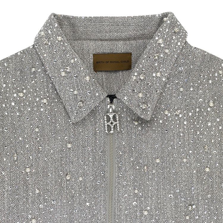 Birth Of Royal Child Rhinestone Zipper Work Jacket Light Grey