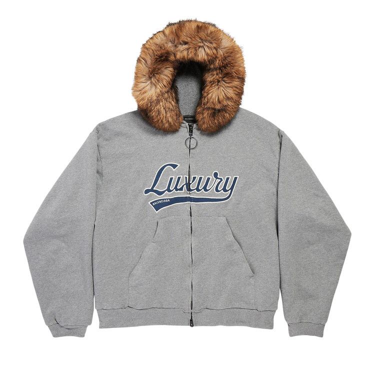 Balenciaga Faux Fur Zip Up Hoodie Dark Heather Grey/Blue