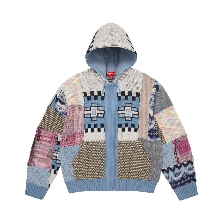 Buy Supreme Patchwork Zip Up Hooded Sweater 'Light Blue