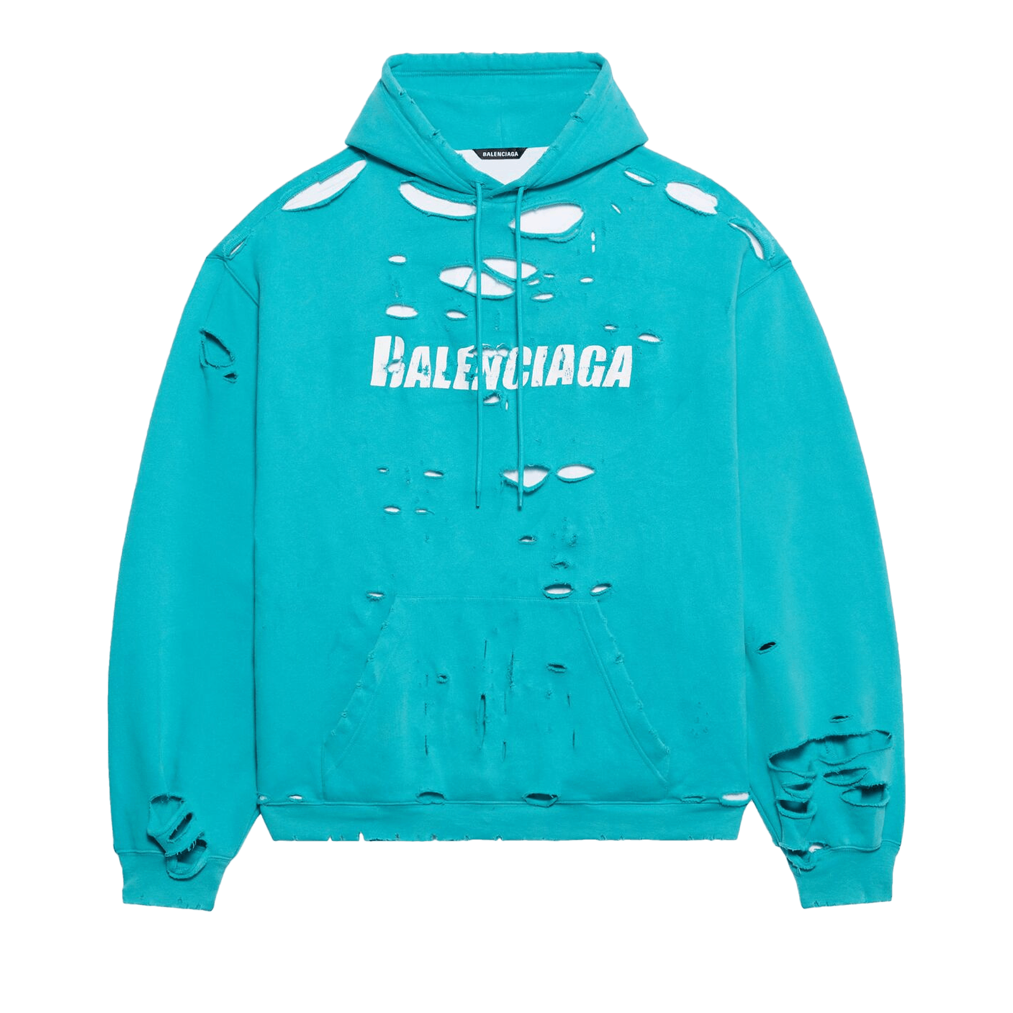 Pre-owned Balenciaga Destroyed Hoodie 'turquoise/white' In Blue
