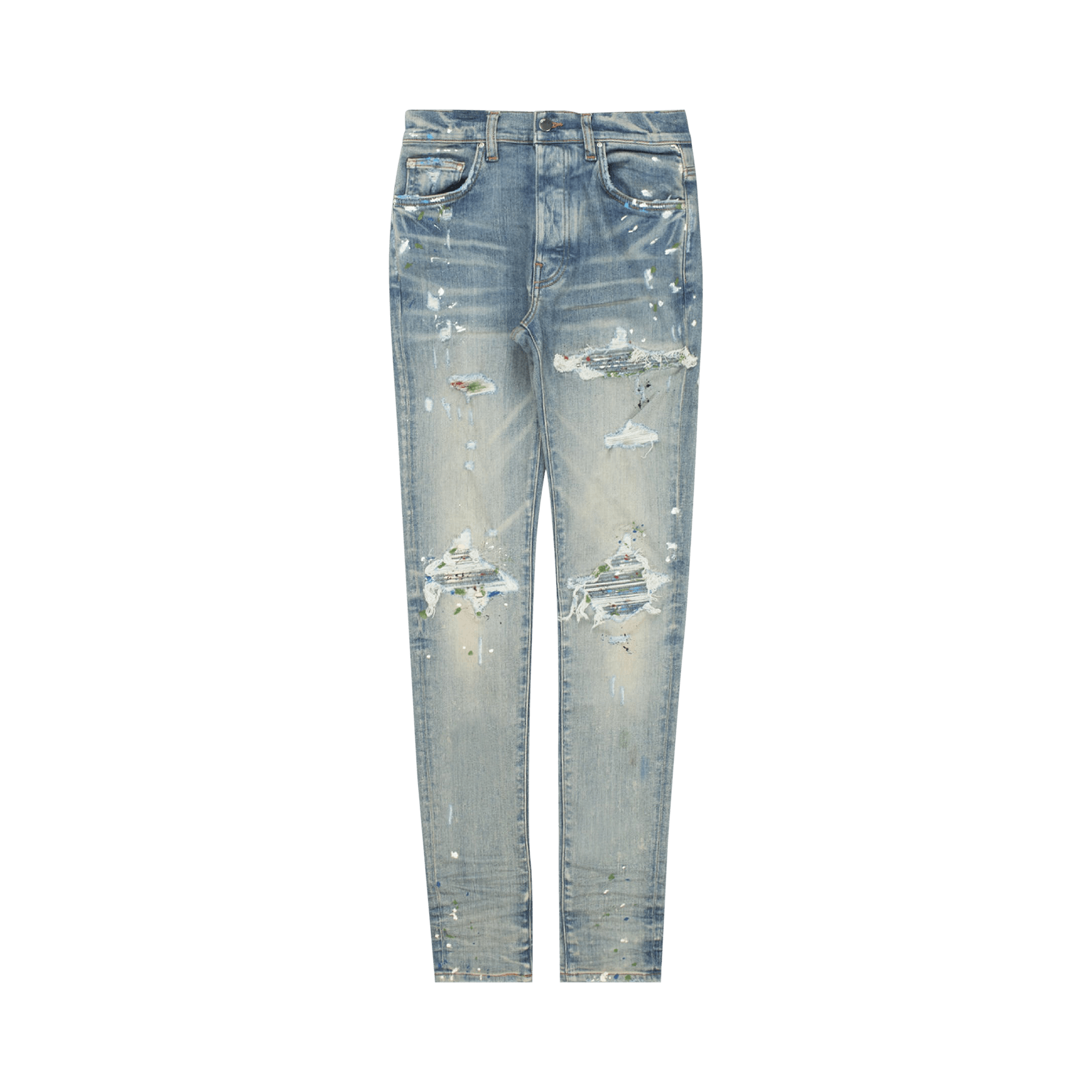 Pre-owned Amiri Paint Splatter Mx1 Jean 'clay Indigo' In Blue | ModeSens