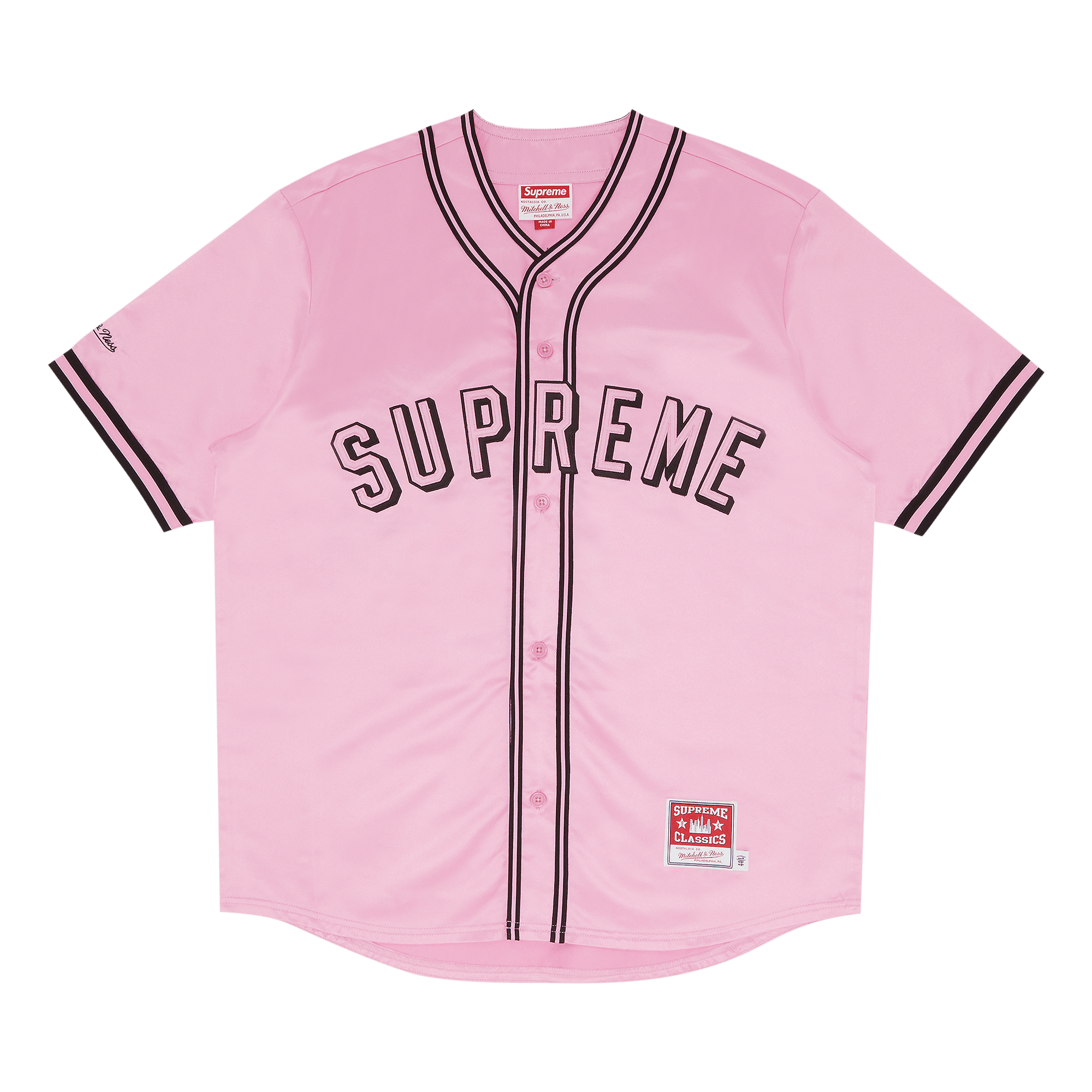 Supreme x Mitchell & Ness Satin Baseball Jersey 'Pink'