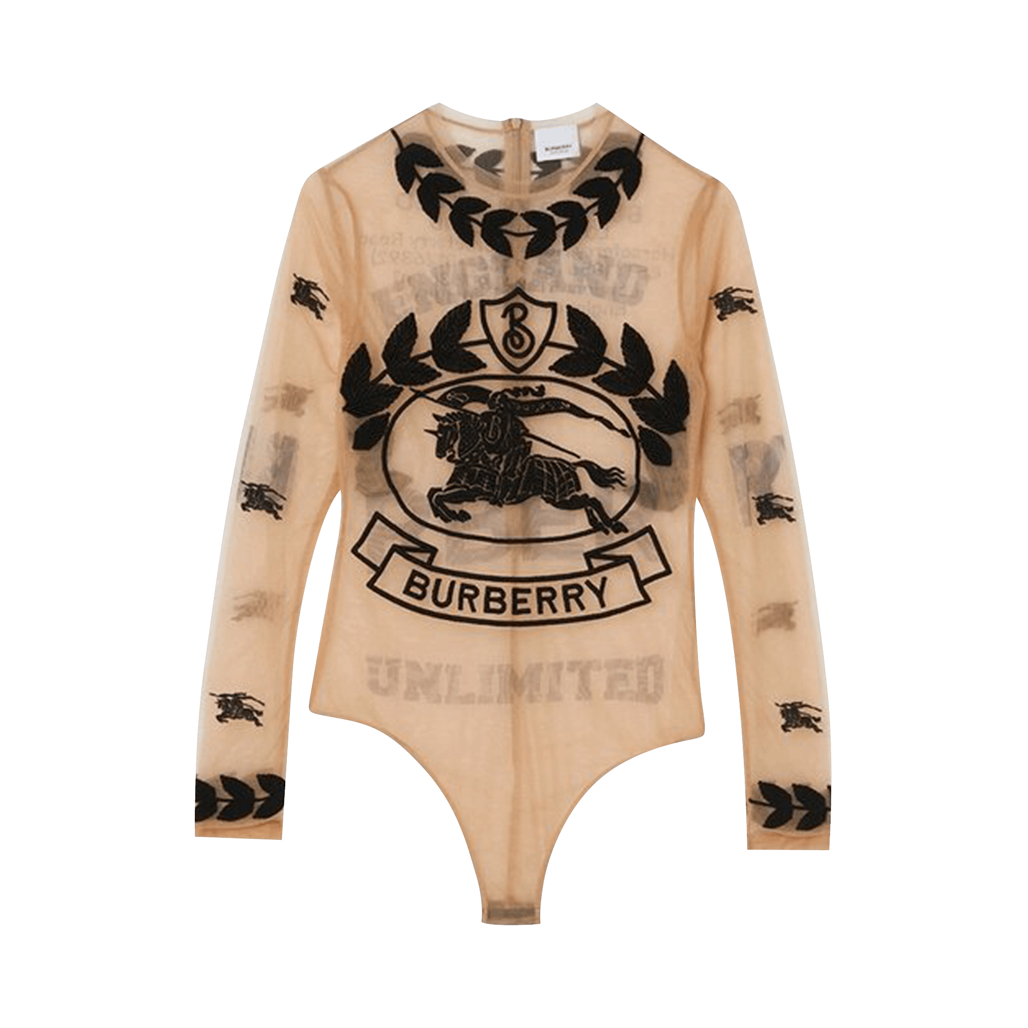 Pre-owned Burberry Embroidered Graphic Logo Mesh Bodysuit 'camel' In Tan