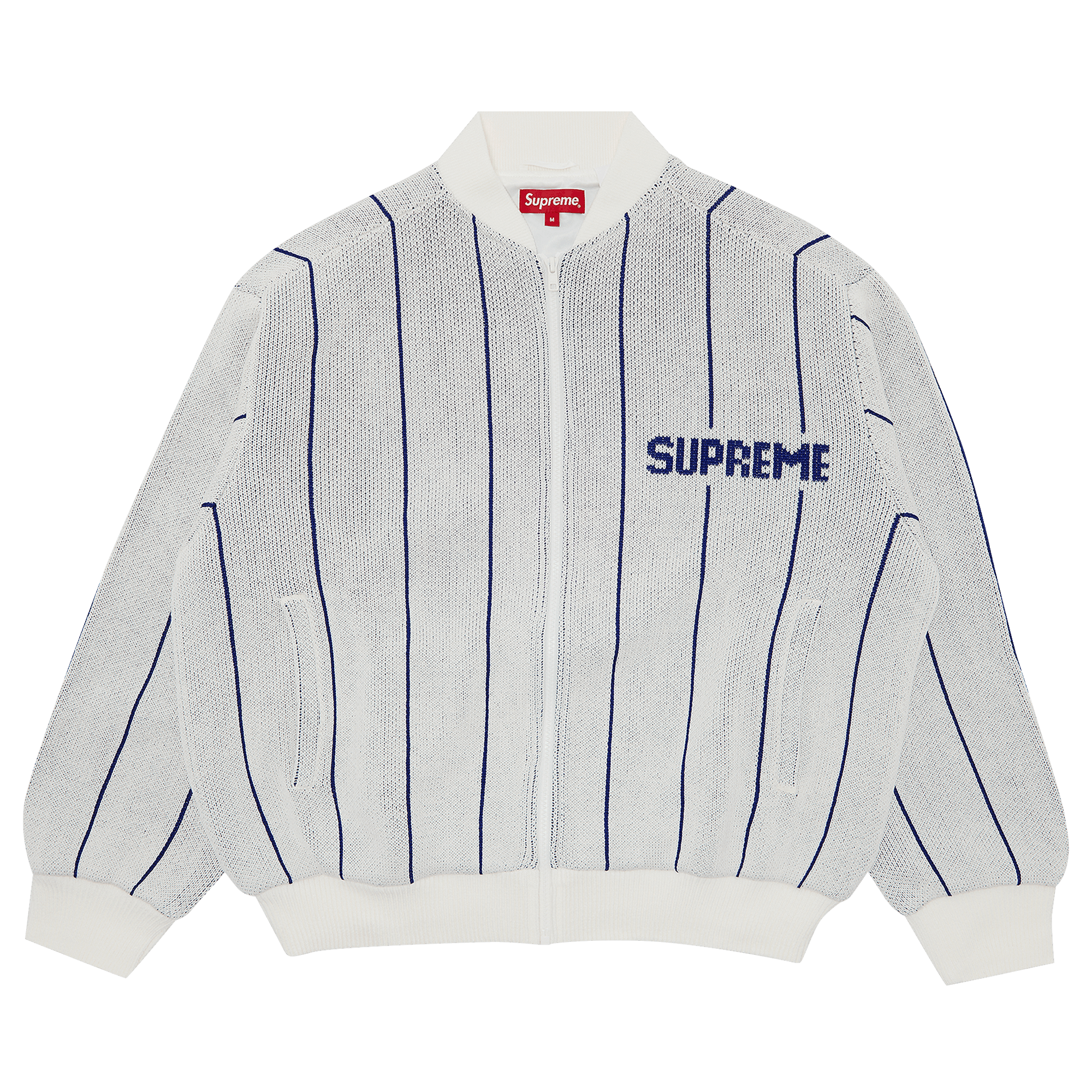Supreme Pinstripe Varsity Zip Up Sweater 'White'