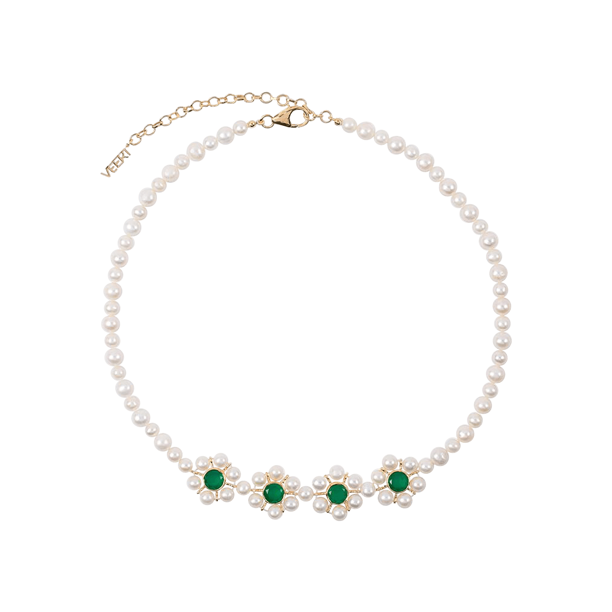 VEERT The Four Flower Pearl Necklace 'Yellow Gold/Pearl/Green Onyx'