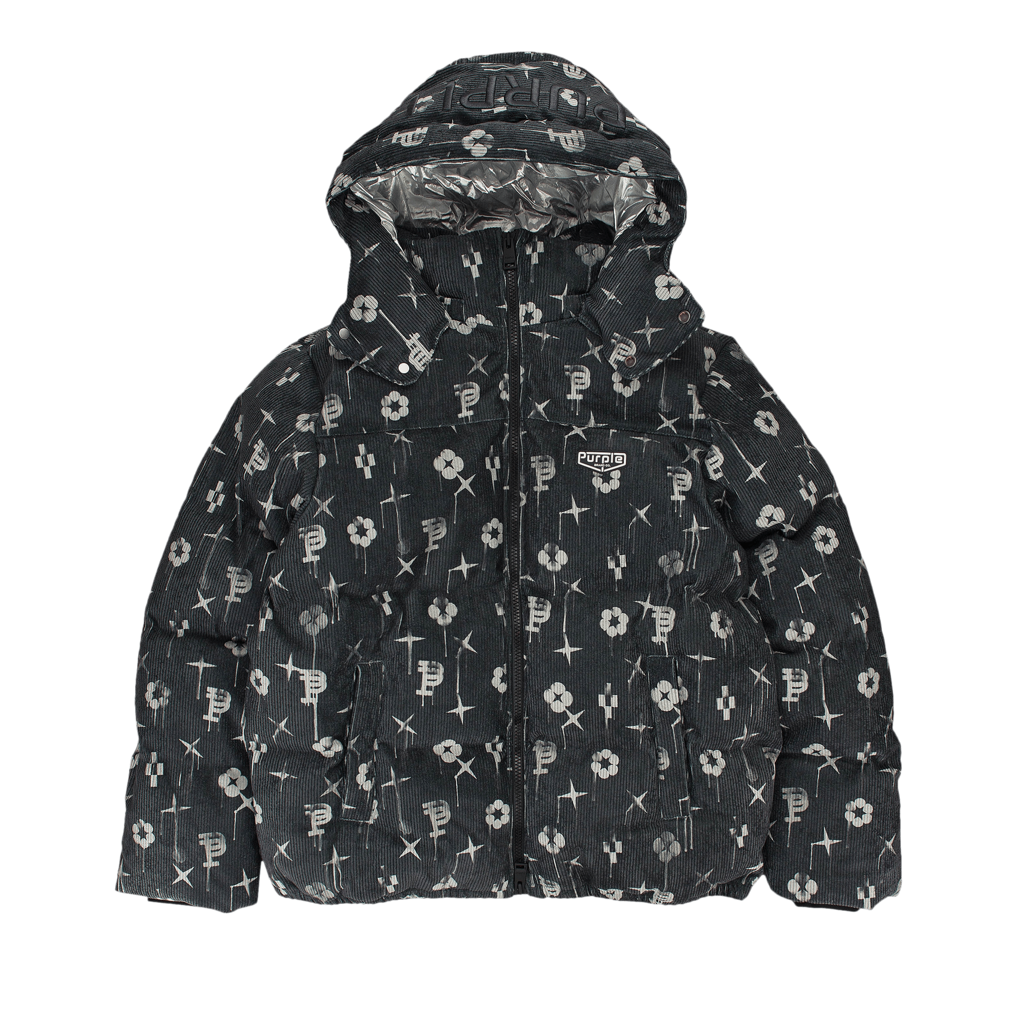 PURPLE BRAND Printed Corduroy Puffer Jacket 'Black'