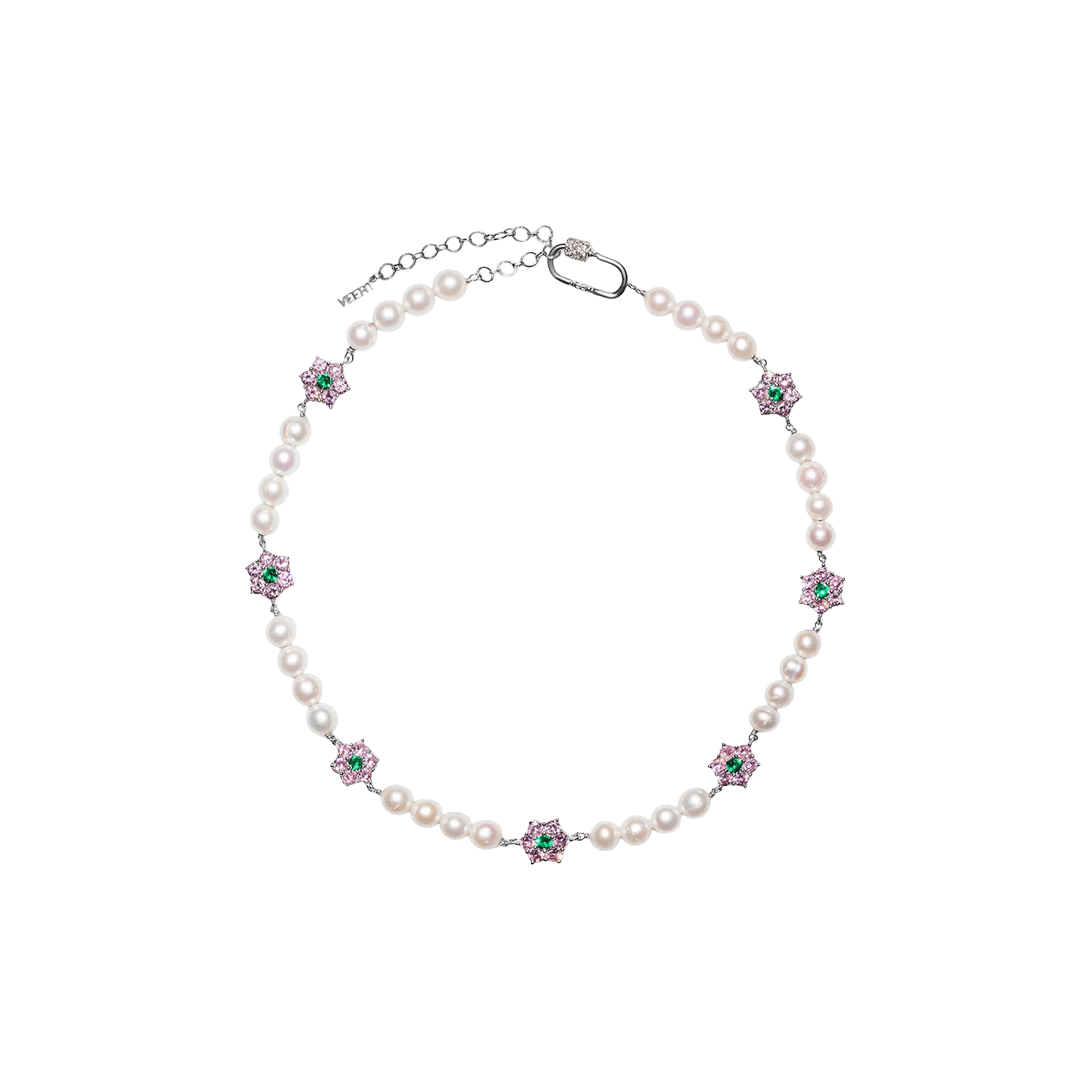 VEERT Pink & Green Flower Stone Freshwater Pearl Necklace 'Yellow Gold'