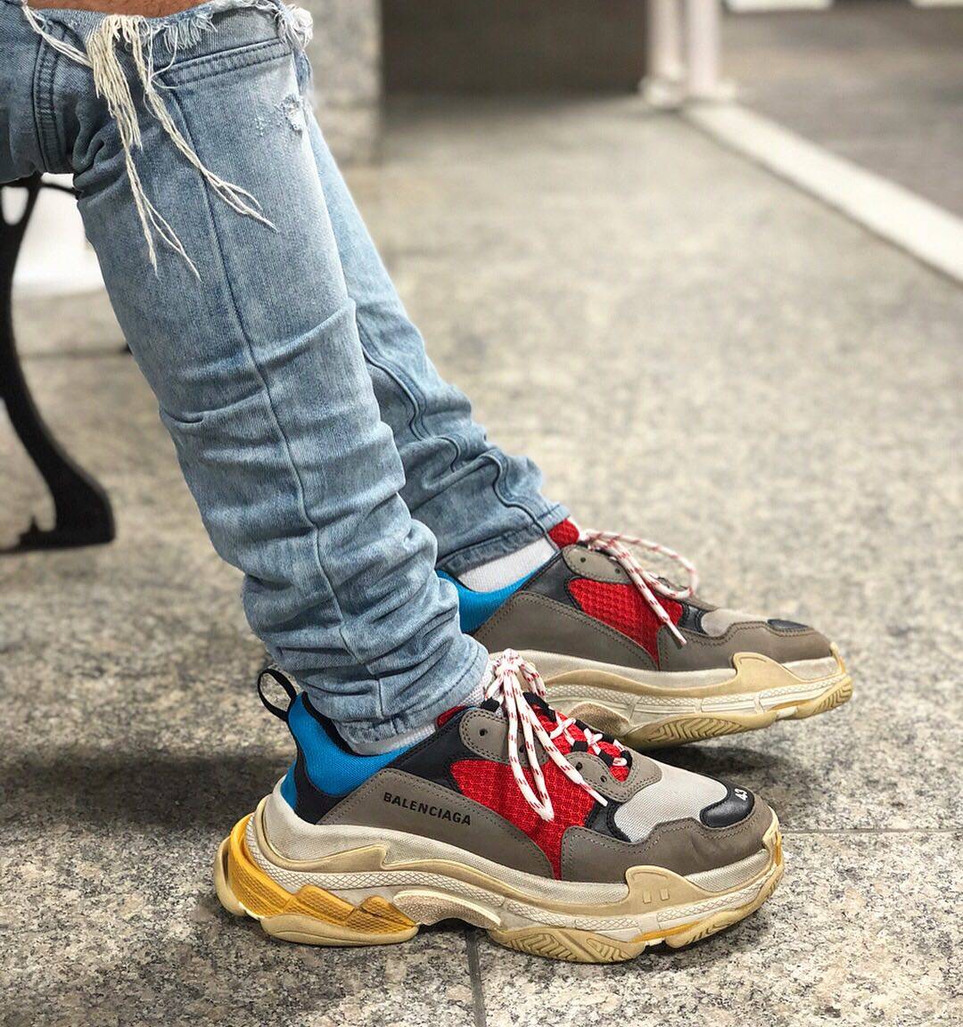 Balenciaga Triple s Black Red on feet