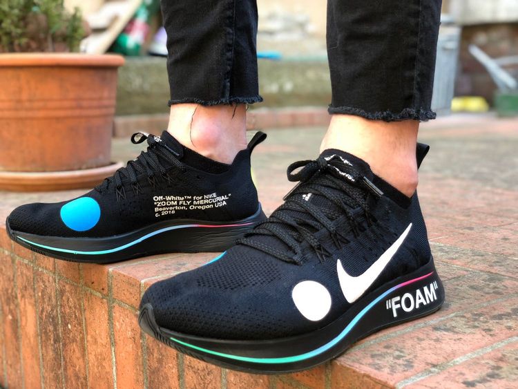 nike off white zoom fly black on feet
