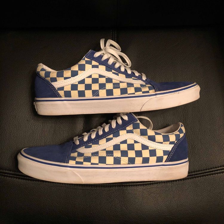 vans checkerboard slides blue