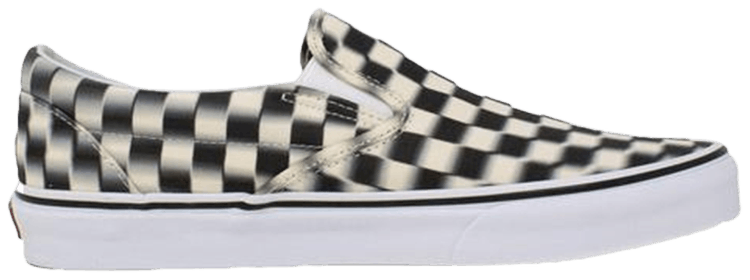 blurred checkerboard vans slip on