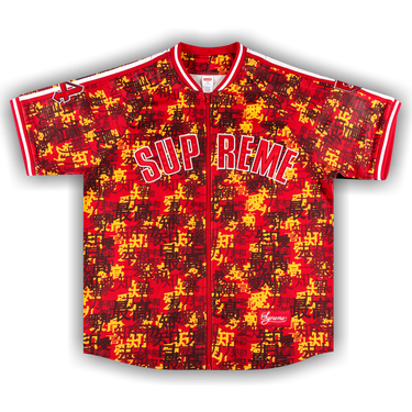 Buy Supreme Kanji Camo Zip Up Baseball Jersey 'Red