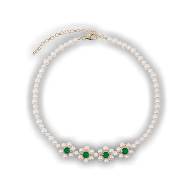 Buy VEERT The Four Flower Pearl Necklace 'Yellow Gold/Pearl/Green