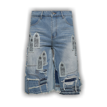 WHO DECIDES WAR デニムショートパンツ Buy Who Decides War Patched Arch Blowout Denim Short 'Sky