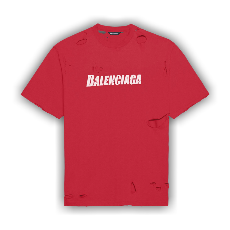 Shop Balenciaga Distressed Vintage Jersey Boxy Logo T-shirt In Red