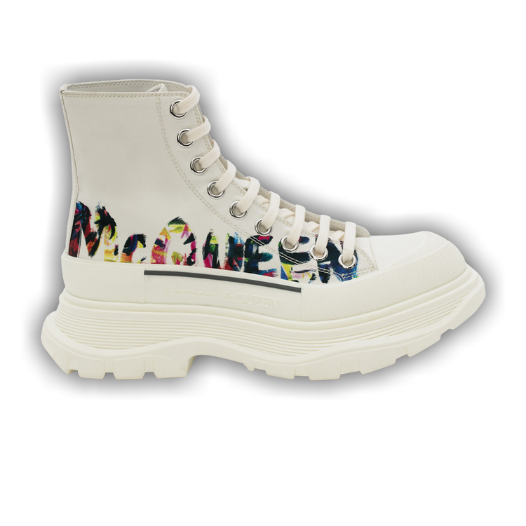 Size 8.0 Alexander McQueen Wmns Tread Slick Boot 'McQueen Graffiti Logo -  White Multi'