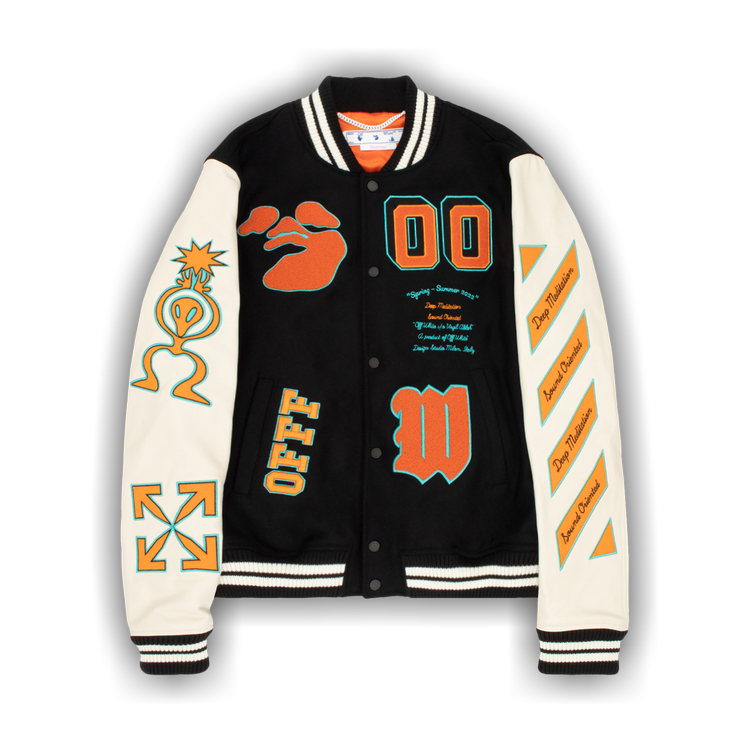 Off-White Black, Orange Graphic Print Varsity Jacket S