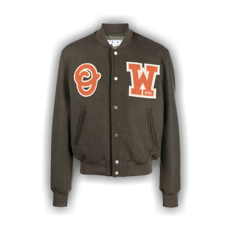 OFF-WHITE Leather Logo Patch Varsity Jacket Dark Green/Orange Men's - FW20  - US