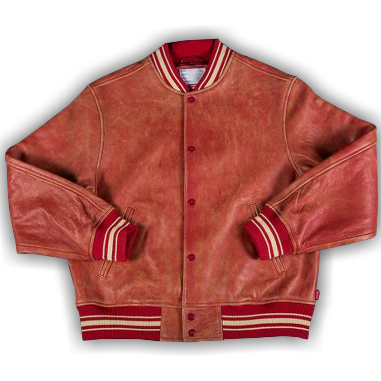 Supreme worn leather varsity jacket discount