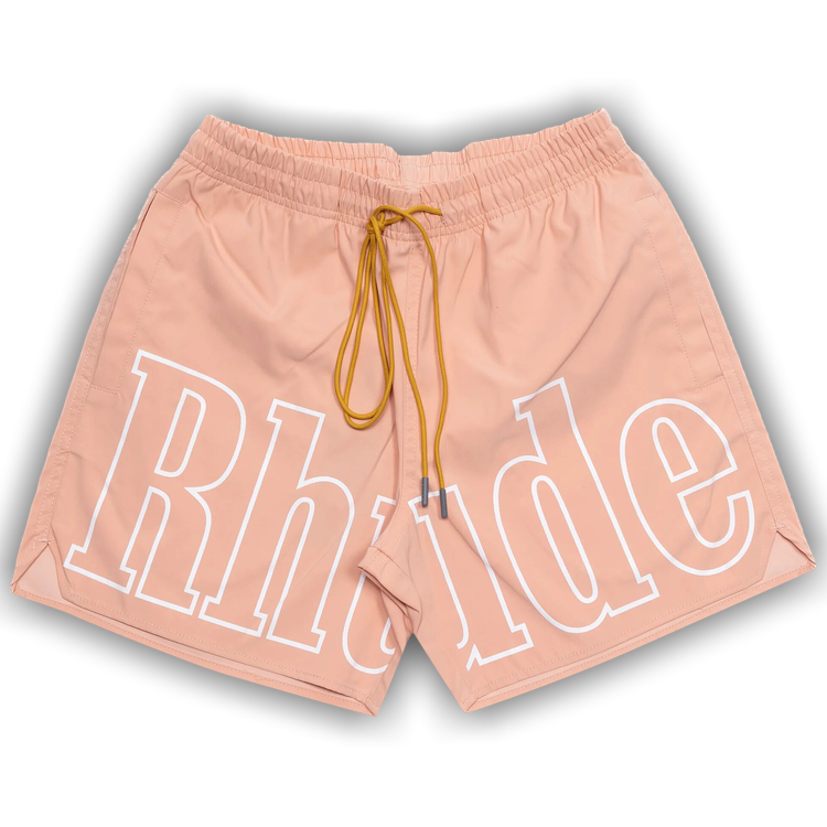 Rhude Beige amp; Red Graphic Swim Shorts