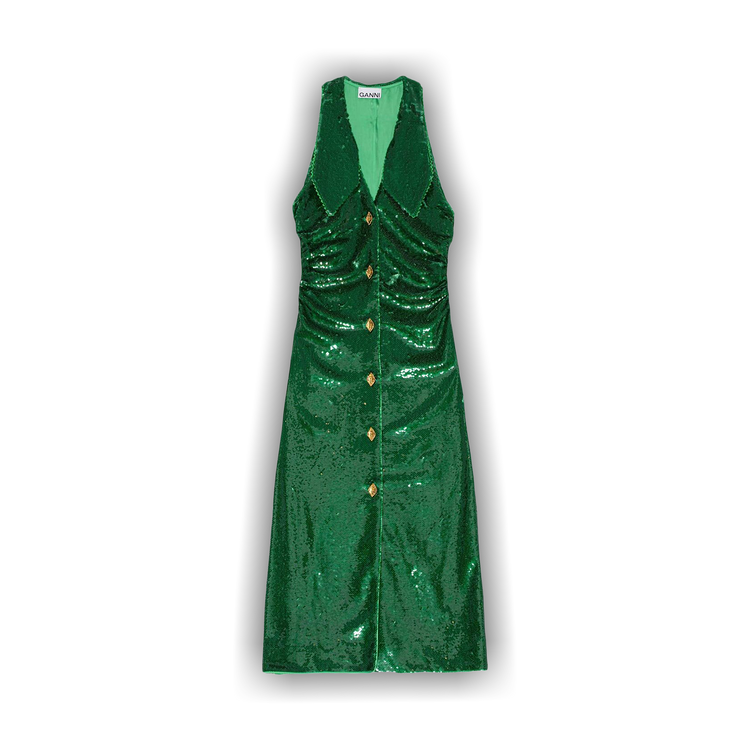 Buy GANNI Sequin Ruched Midi Dress 'Kelly Green' - F7166 KELL | GOAT