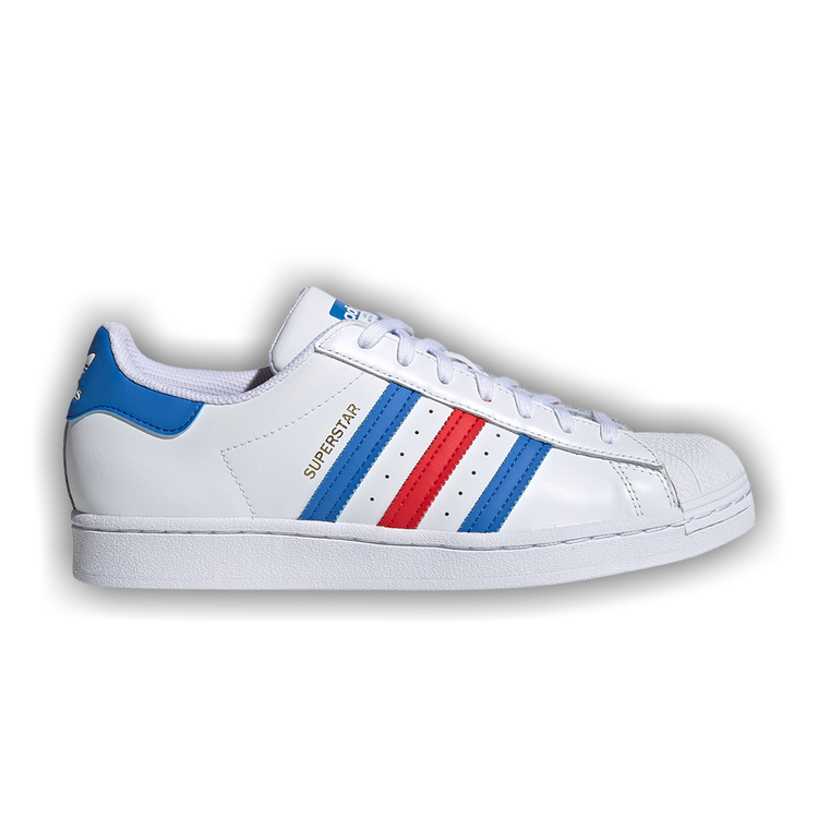 Red white and blue adidas superstars top