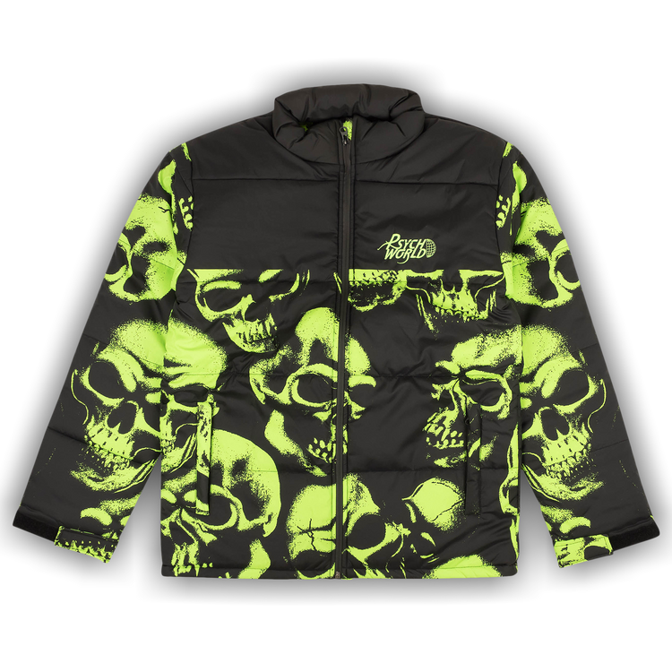 Buy Psychworld Skull Print Puffer Jacket 'Black/Lime Green