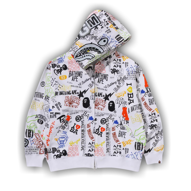 Buy BAPE Hand Draw Pattern Shark Zip Hoodie 'White' - 1K30 115 303