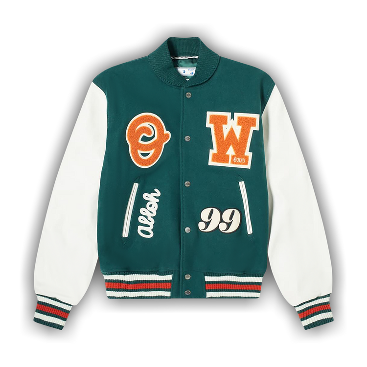 Buy Off-White Barrel Leather Varsity Jacket 'Green/Orange