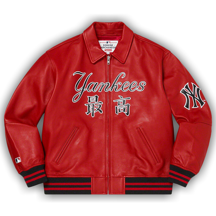 Buy Supreme x New York Yankees Kanji Leather Varsity Jacket 'Red