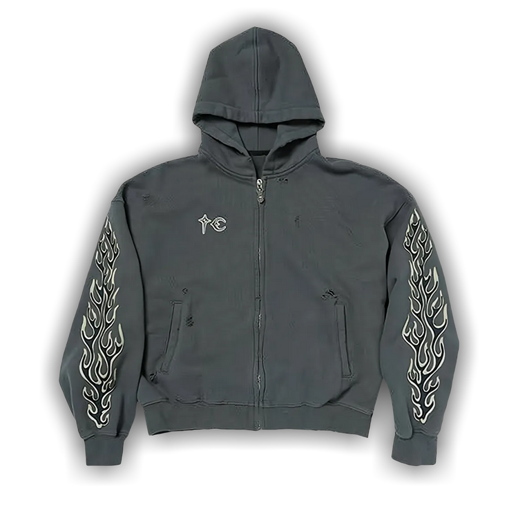 Buy Thug Club Leather Flame Zip Up Hoodie 'Grey' - TC25SS2701