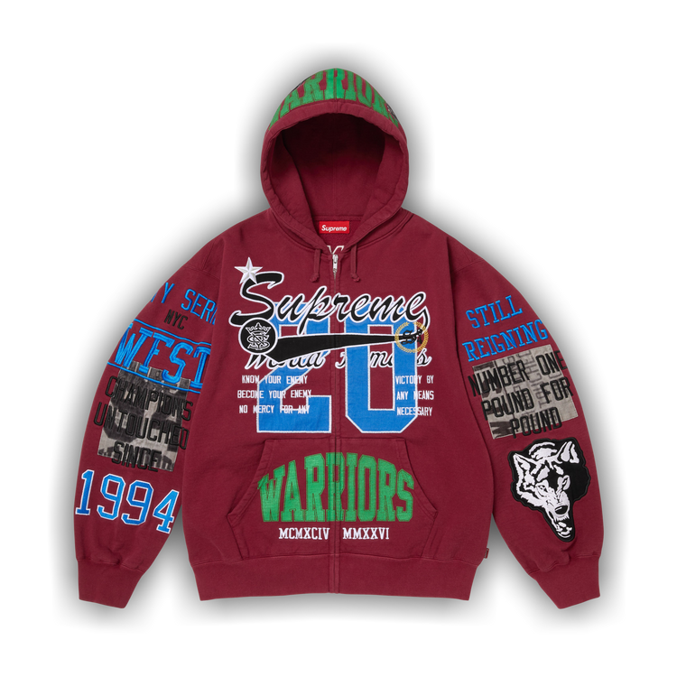 Buy Supreme Warriors Appliqué Zip Up Hooded Sweatshirt 'Cardinal