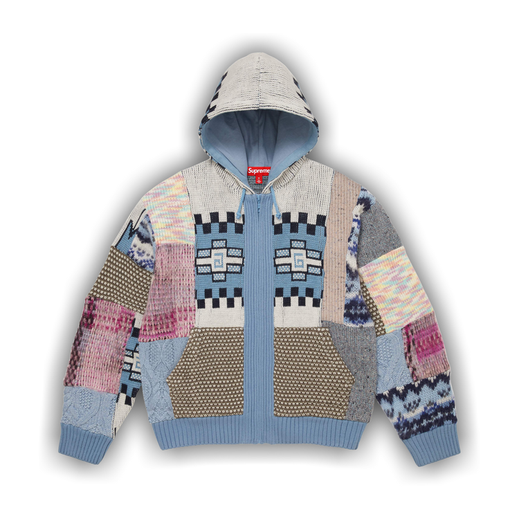 Buy Supreme Patchwork Zip Up Hooded Sweater 'Light Blue