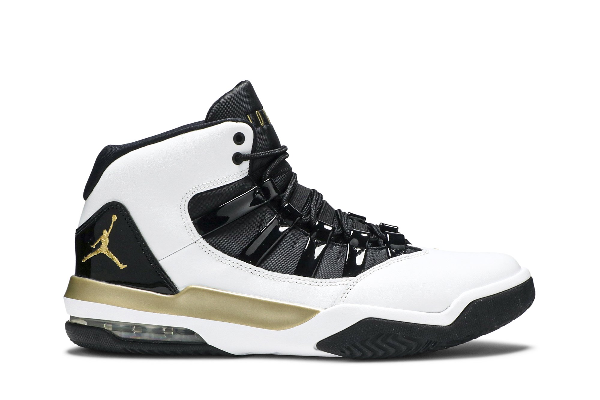 gold and black and white jordans