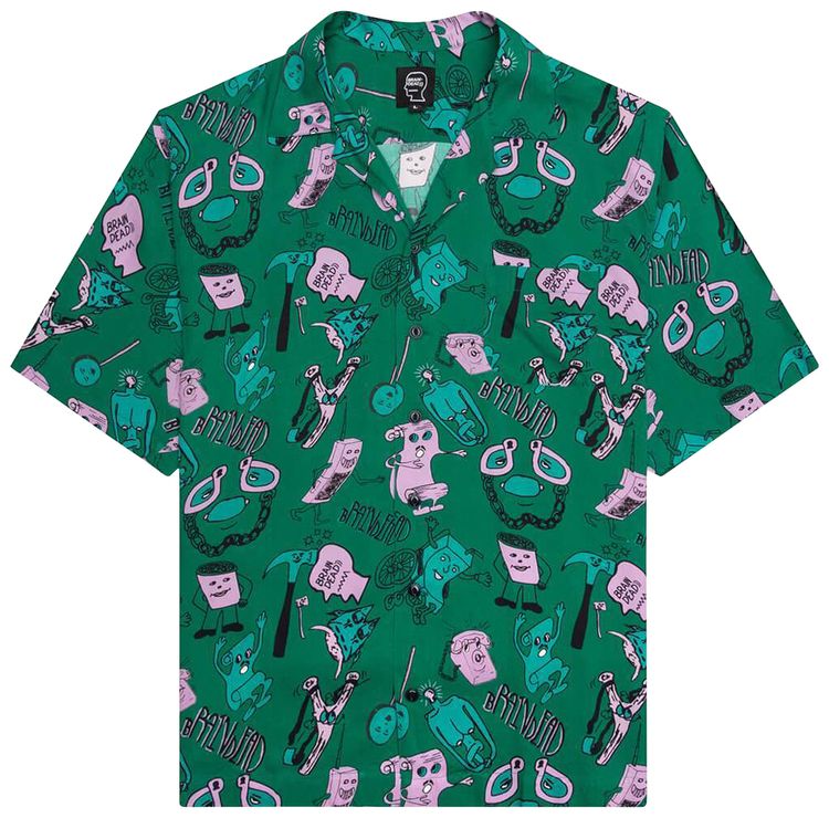 Brain Dead Caricatures Short Sleeve Hawaiian Shirt Washed Forest