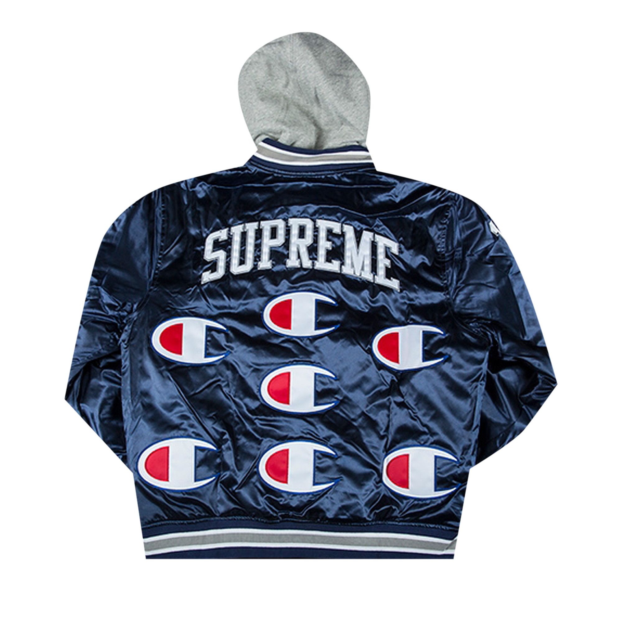 Buy Supreme x Champion Hooded Satin Varsity Jacket Navy FW18J55 NAVY GOAT CA