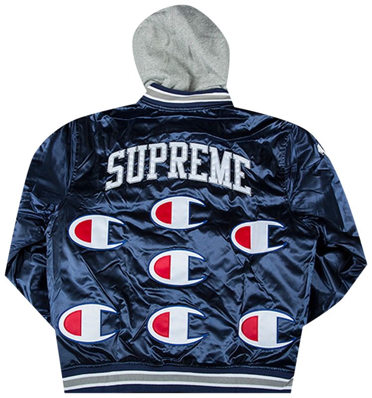 Supreme x Champion Hooded Satin Varsity Jacket Navy
