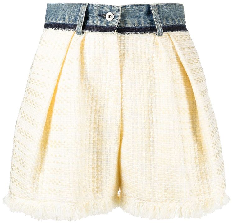 Sacai Tweed And Denim Shorts Light BlueOff White