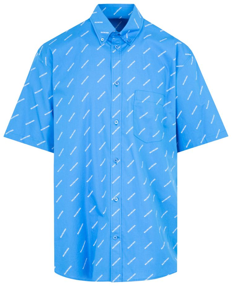 Balenciaga All Over Logo Button Down Shirt Blue