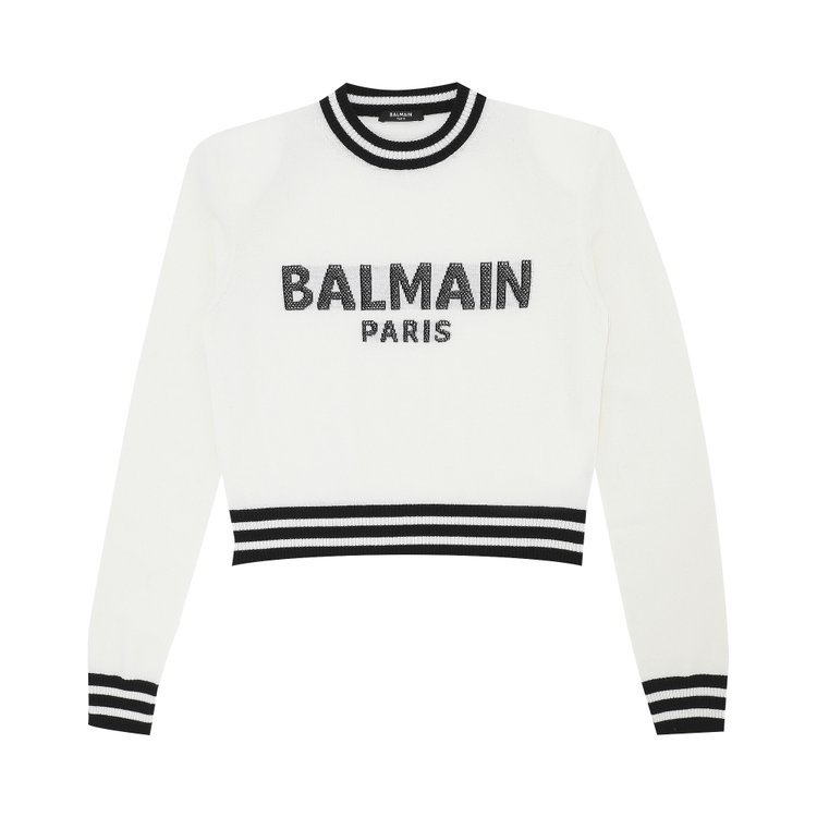 Balmain Cropped Mesh Logo Sweater 'Blanc/Noir'