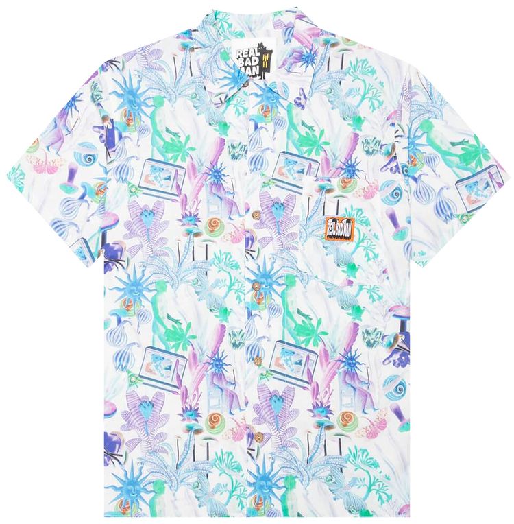 Real Bad Man Psychedelica Vacation Button Down GreenPurple Multi Print