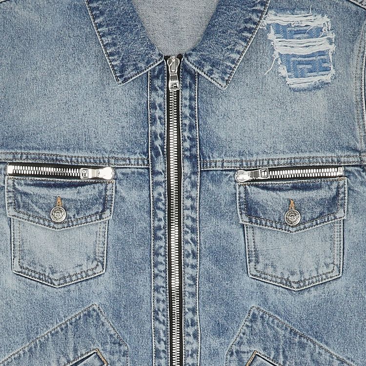 Balmain Monogram Destroyed Zipped Denim Jacket Blue