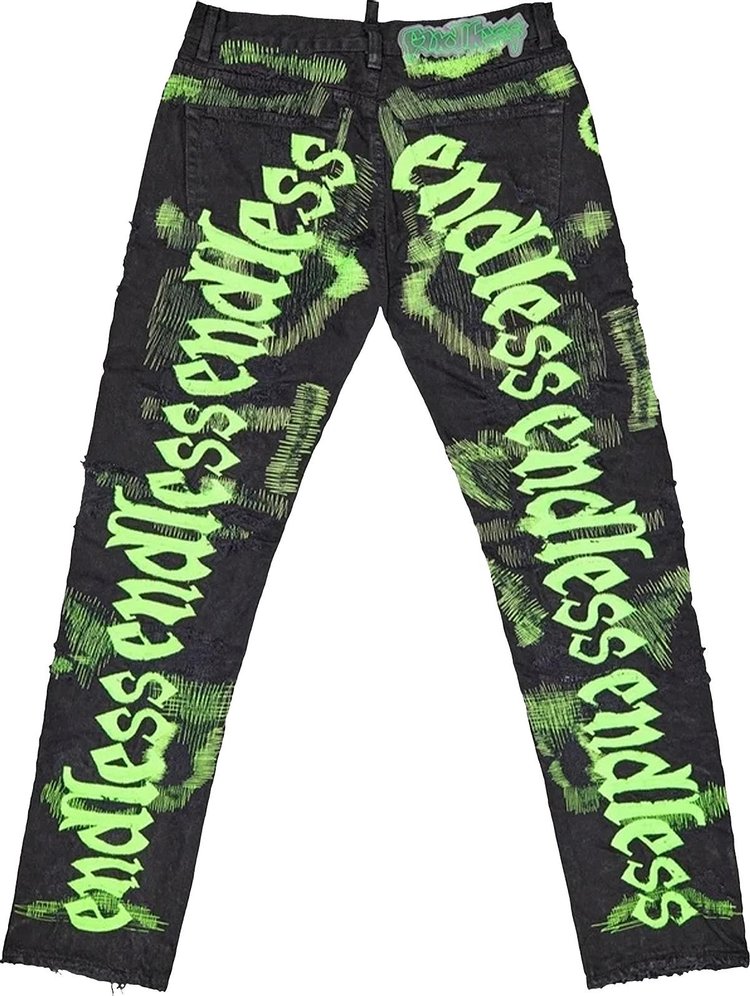 Vlone x Endless Embroidered And Distressed Denim Jeans BlackLess Green