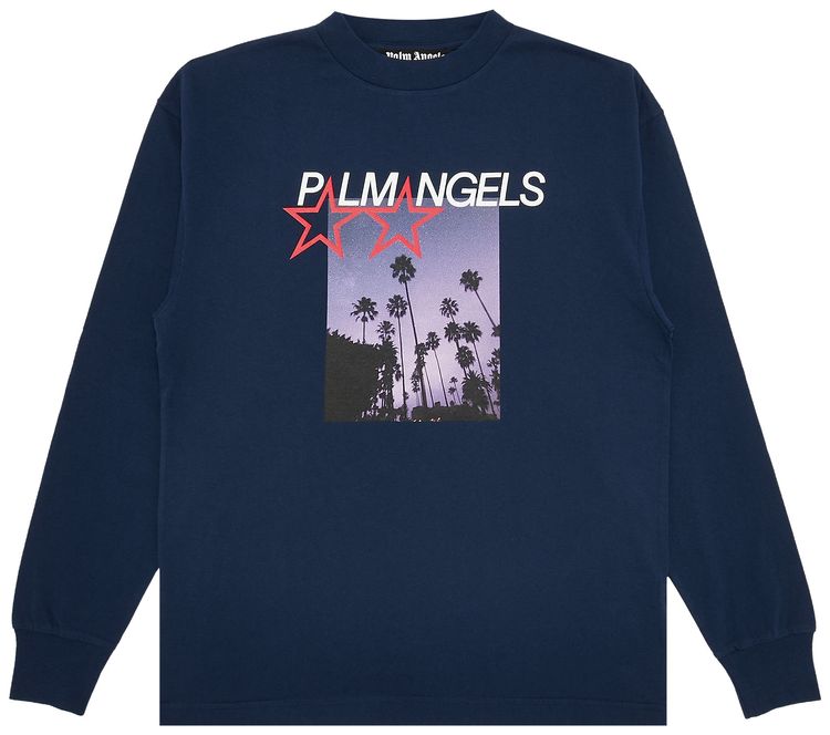 Palm Angels Stars And Palms Long Sleeve Tee NavyWhite