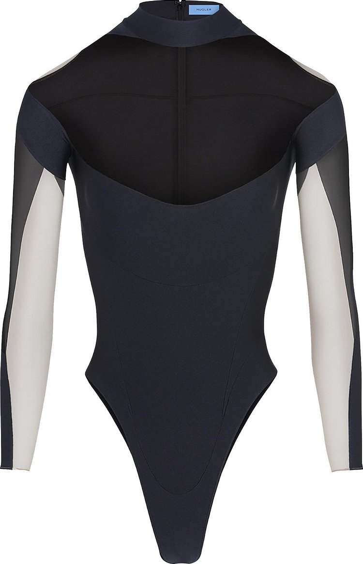 Mugler Illusion Neckline Color Block Bodysuit 'Black/Nude'