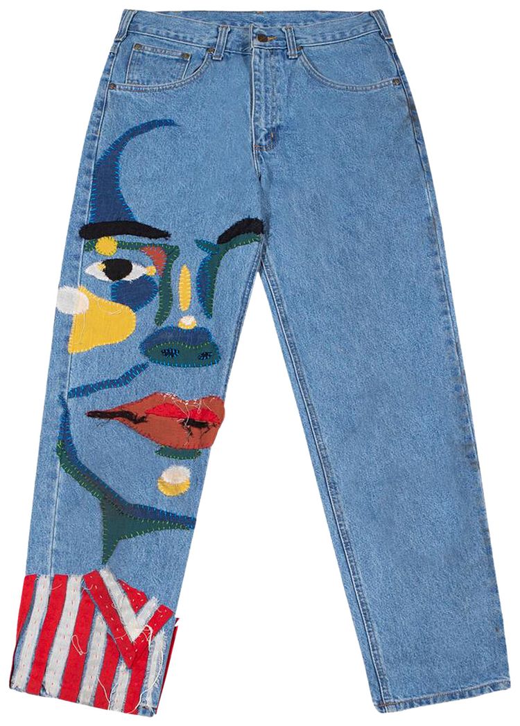 KidSuper Stitched Face Denim Trousers Blue