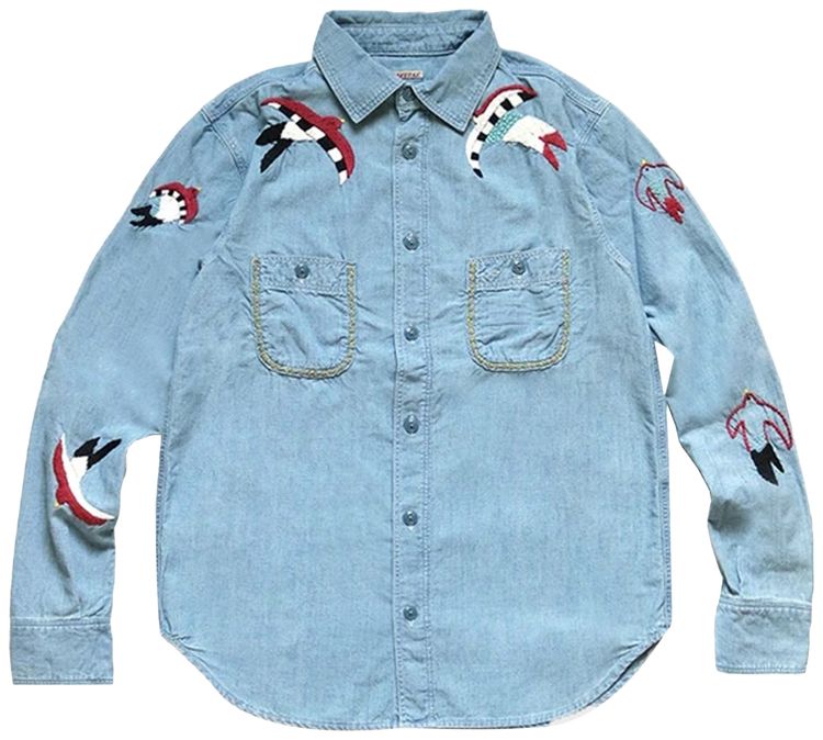 Kapital Swallow Emboridery Chambray Work Shirt Sax